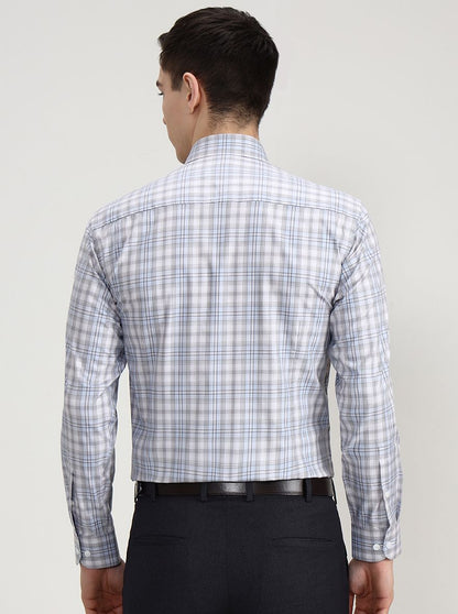 White & Sky Blue Checked Slim Fit Formal Shirt | Metal
