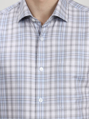 White & Sky Blue Checked Slim Fit Formal Shirt | Metal