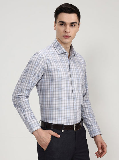 White & Sky Blue Checked Slim Fit Formal Shirt | Metal