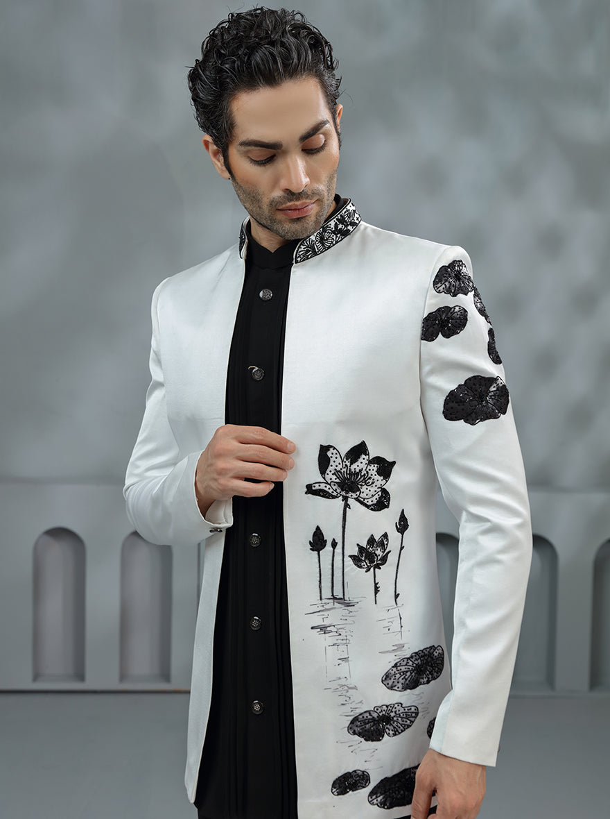 White & Black Printed Jodhpuri Suit | TULA