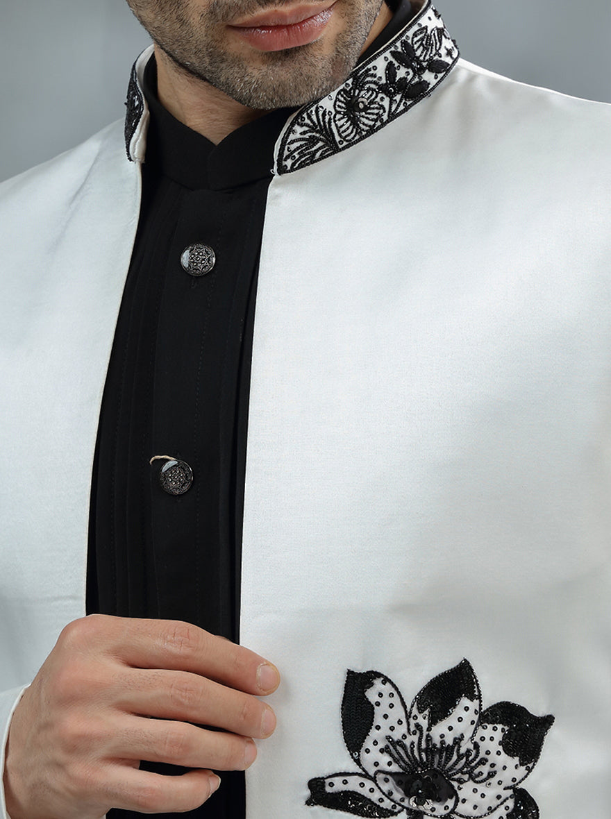 White & Black Printed Jodhpuri Suit | TULA