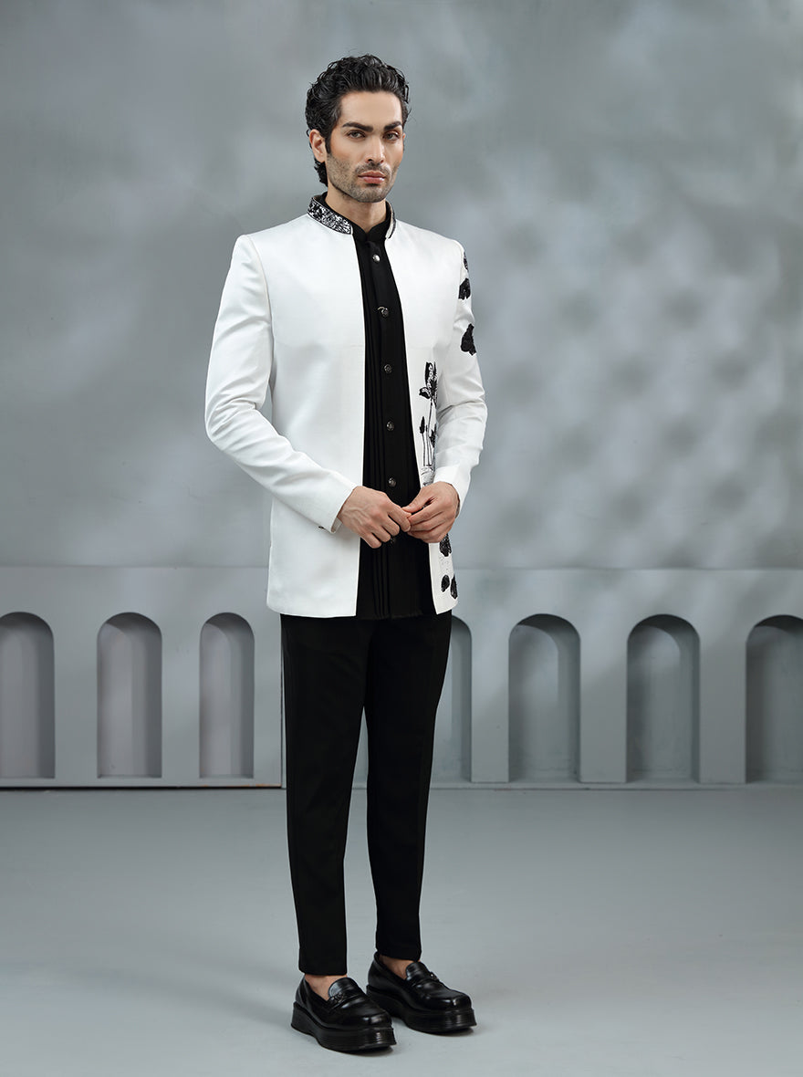 White & Black Printed Jodhpuri Suit | TULA