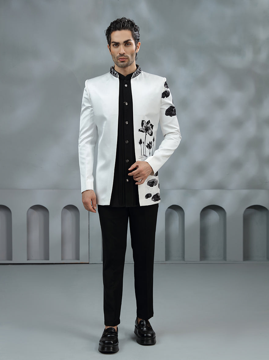 White & Black Printed Jodhpuri Suit | TULA