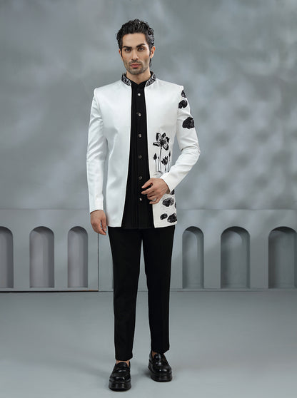 White & Black Printed Jodhpuri Suit | TULA