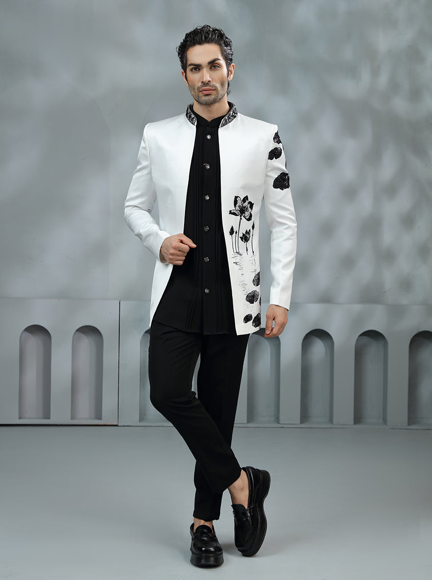 White & Black Printed Jodhpuri Suit | TULA
