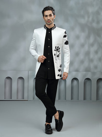 White & Black Printed Jodhpuri Suit | TULA