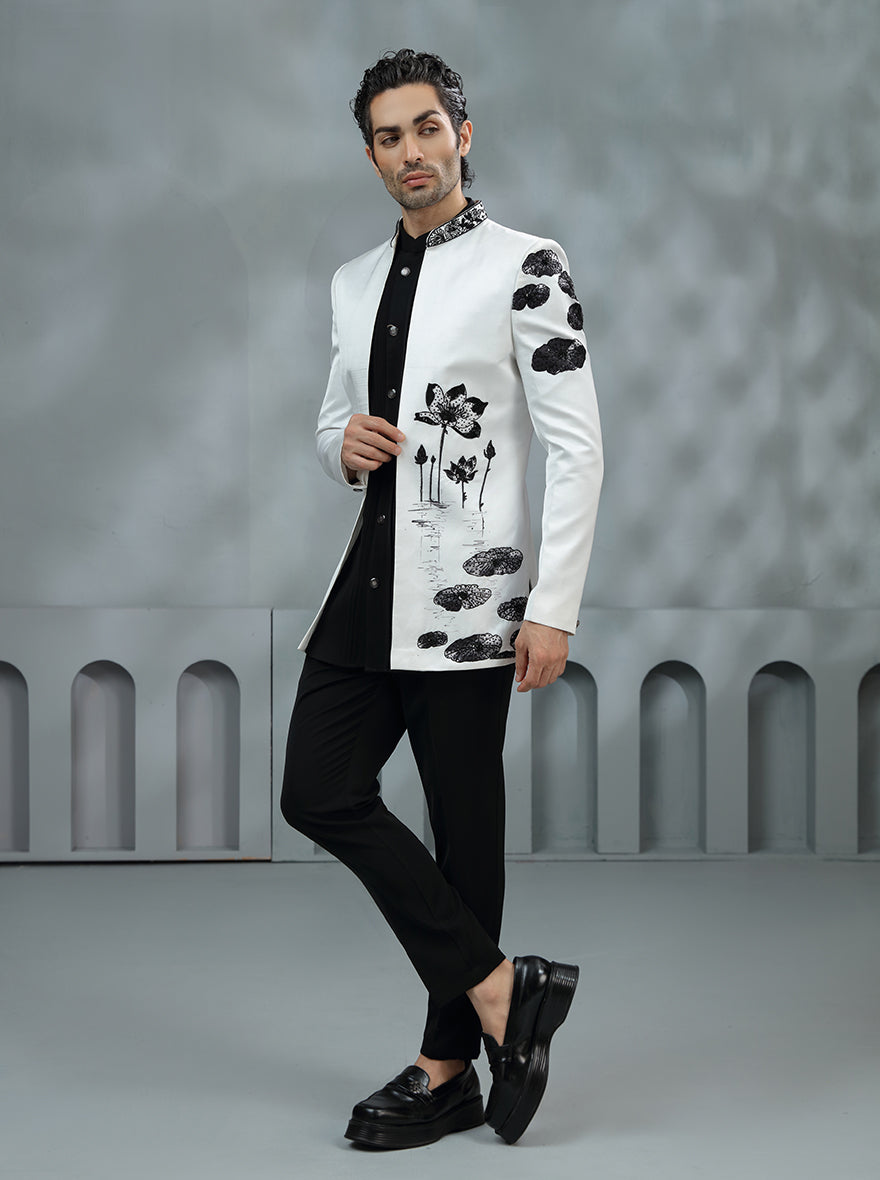White & Black Printed Jodhpuri Suit | TULA