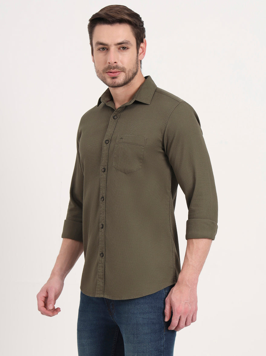 Olive Solid Slim Fit Casual Shirt | JadeBlue