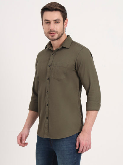 Olive Solid Slim Fit Casual Shirt | JadeBlue