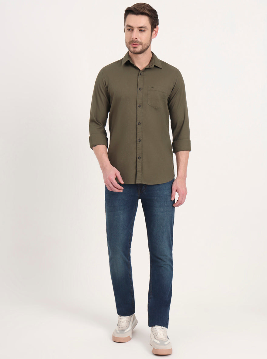 Olive Solid Slim Fit Casual Shirt | JadeBlue