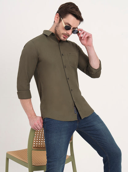 Olive Solid Slim Fit Casual Shirt | JadeBlue