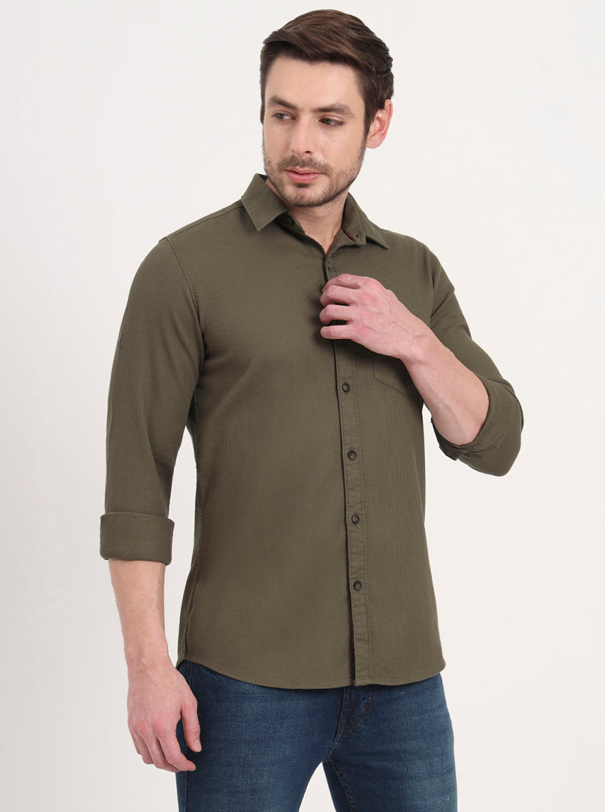 Olive Solid Slim Fit Casual Shirt | JadeBlue
