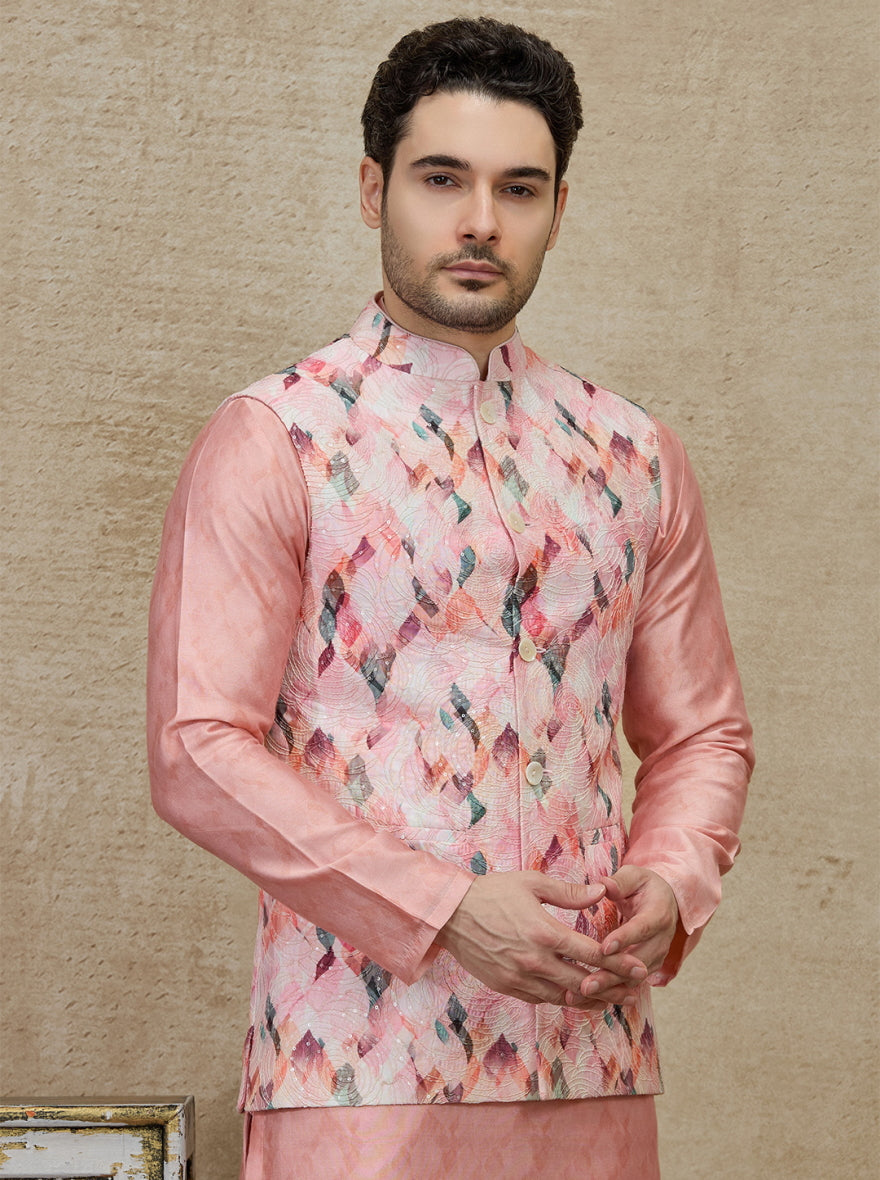 Pink Printed Kurta Pajama with Koti | TULA