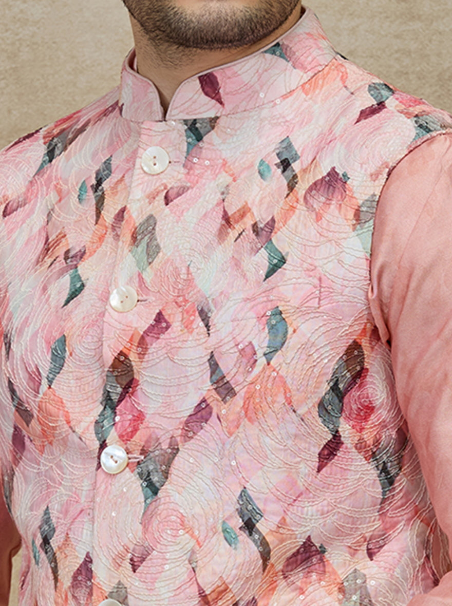 Pink Printed Kurta Pajama with Koti | TULA