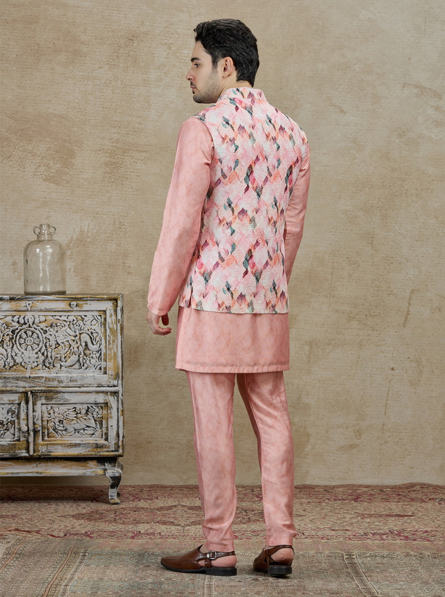 Pink Printed Kurta Pajama with Koti | TULA
