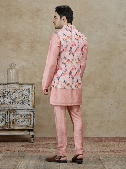 Pink Printed Kurta Pajama with Koti | TULA