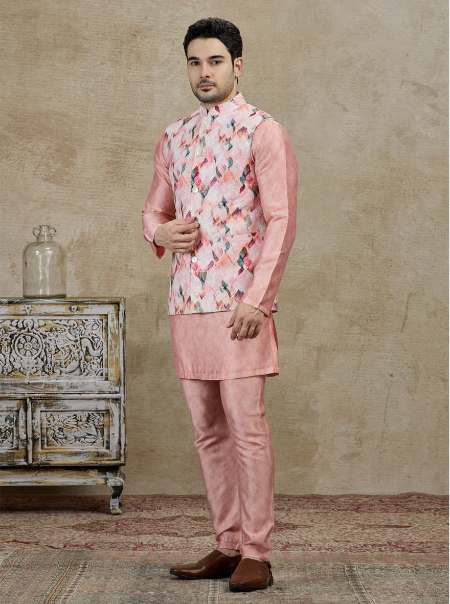 Pink Printed Kurta Pajama with Koti | TULA