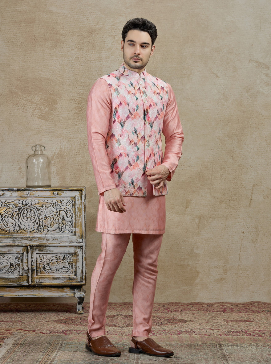 Pink Printed Kurta Pajama with Koti | TULA
