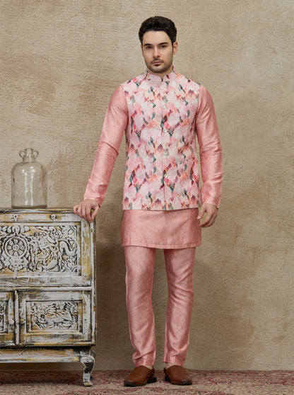 Pink Printed Kurta Pajama with Koti | TULA