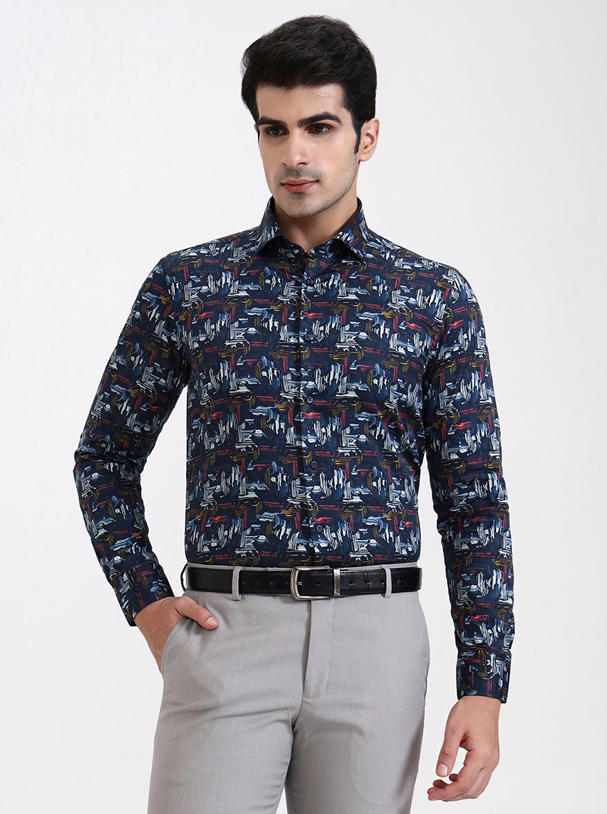 Blue Printed Slim Fit Party Wear Shirt | Wyre