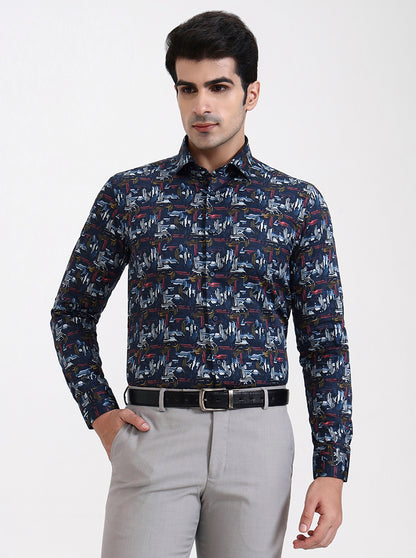 Blue Printed Slim Fit Party Wear Shirt | Wyre