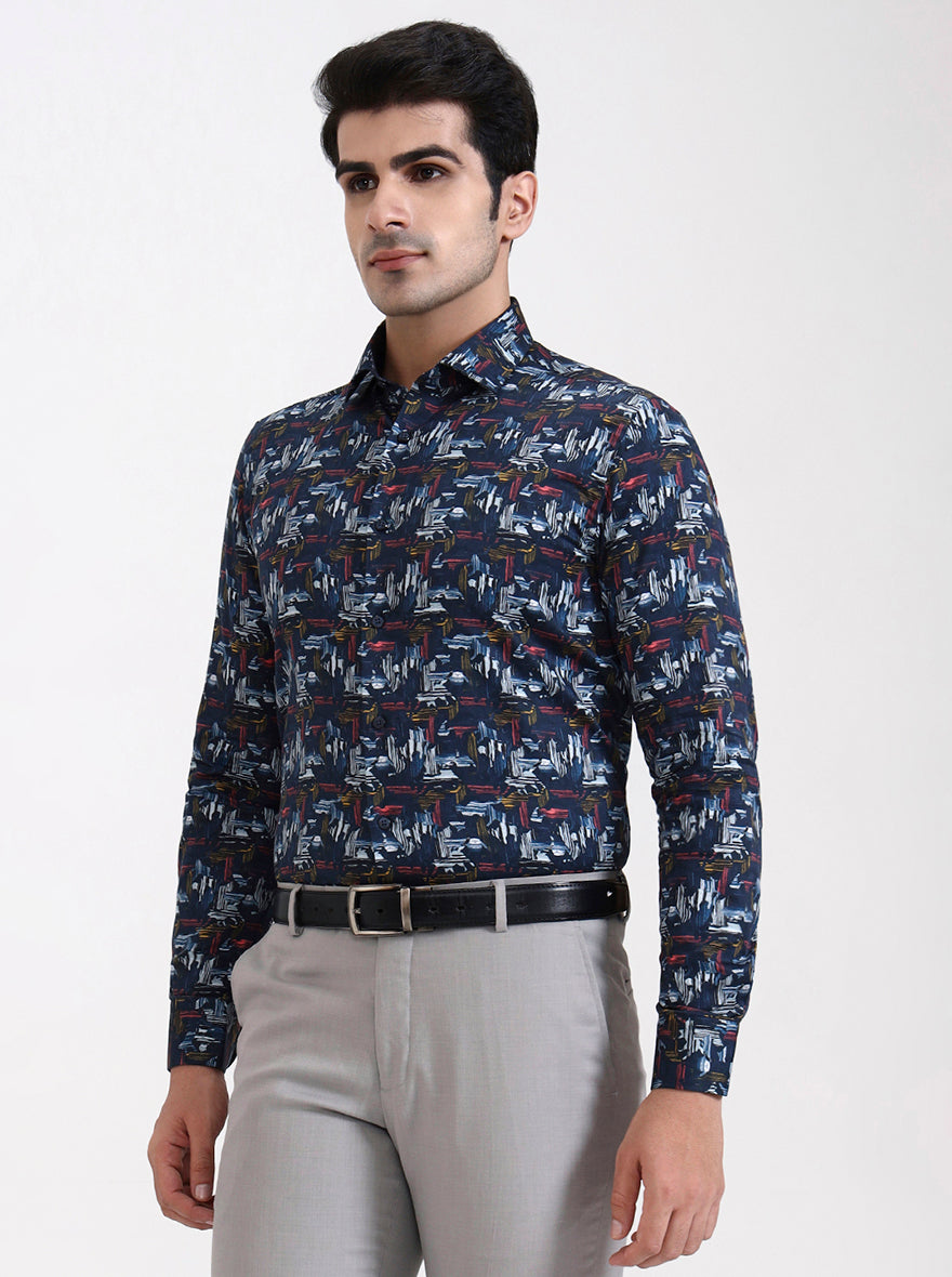 Blue Printed Slim Fit Party Wear Shirt | Wyre