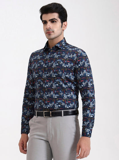 Blue Printed Slim Fit Party Wear Shirt | Wyre