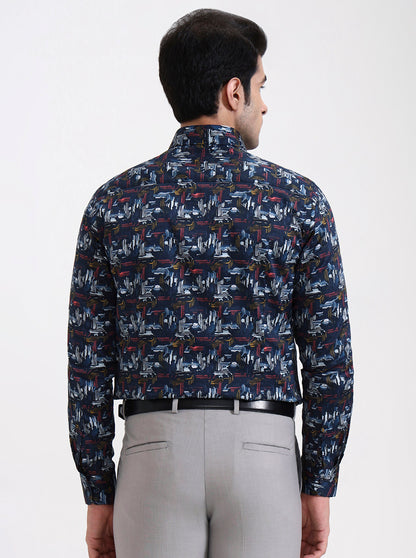 Blue Printed Slim Fit Party Wear Shirt | Wyre