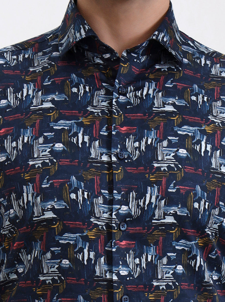 Blue Printed Slim Fit Party Wear Shirt | Wyre