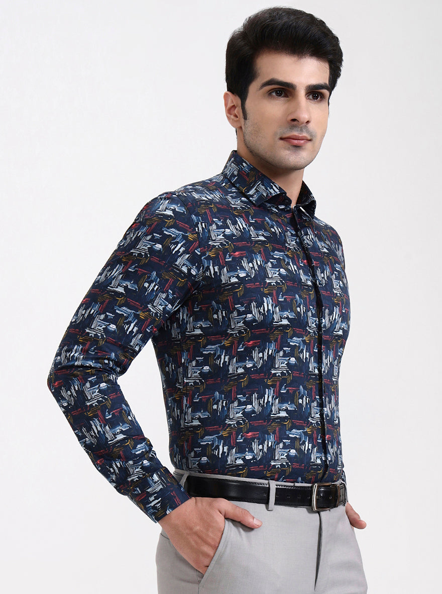 Blue Printed Slim Fit Party Wear Shirt | Wyre