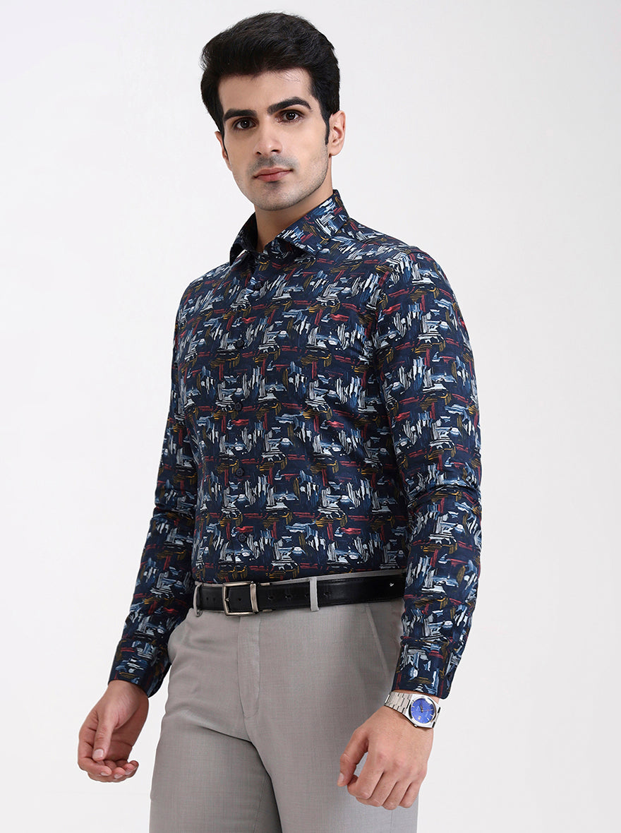 Blue Printed Slim Fit Party Wear Shirt | Wyre