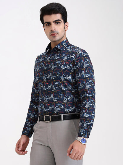 Blue Printed Slim Fit Party Wear Shirt | Wyre