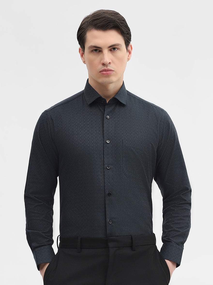 Peacock Green Printed Slim Fit Formal Shirt | Metal
