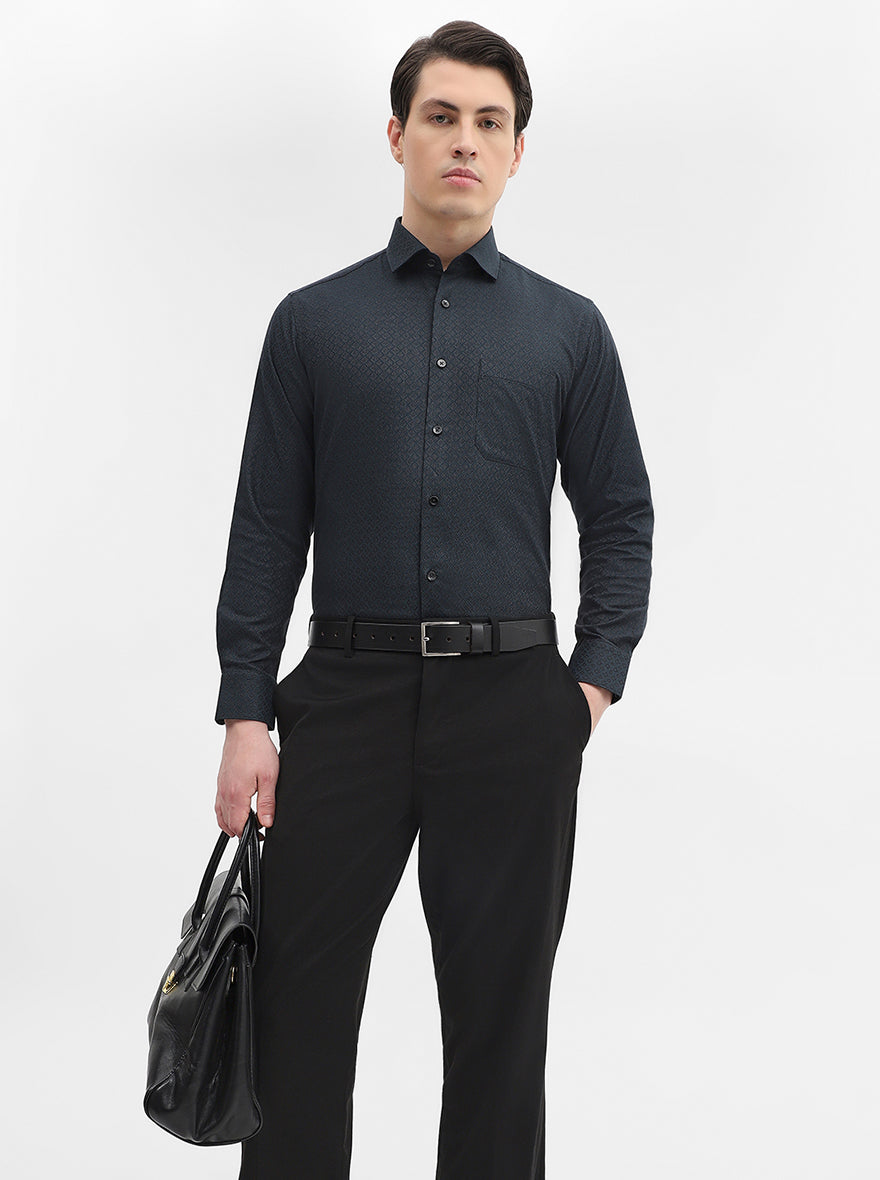 Peacock Green Printed Slim Fit Formal Shirt | Metal
