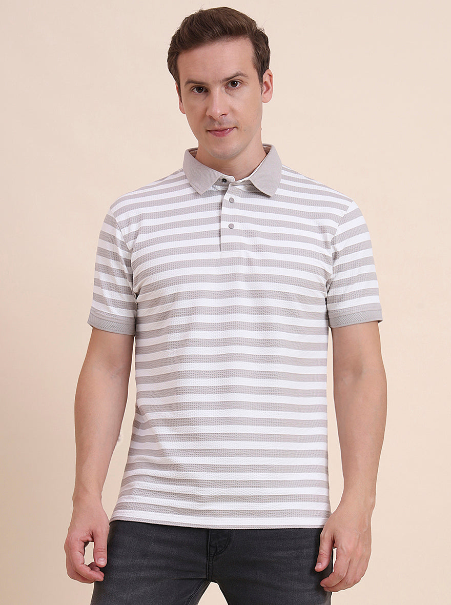 Beige & White Striped Slim Fit Polo T-Shirt | JadeBlue