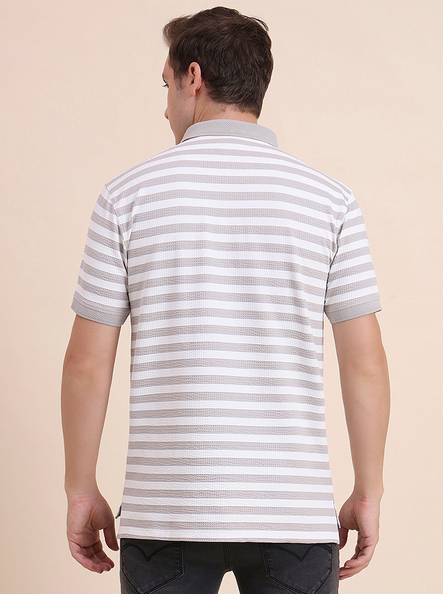 Beige & White Striped Slim Fit Polo T-Shirt | JadeBlue