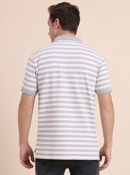 Beige & White Striped Slim Fit Polo T-Shirt | JadeBlue