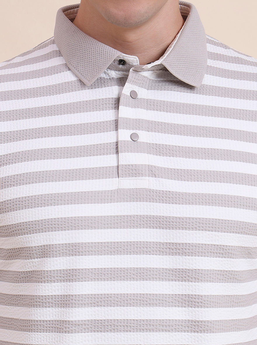Beige & White Striped Slim Fit Polo T-Shirt | JadeBlue