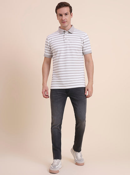 Beige & White Striped Slim Fit Polo T-Shirt | JadeBlue