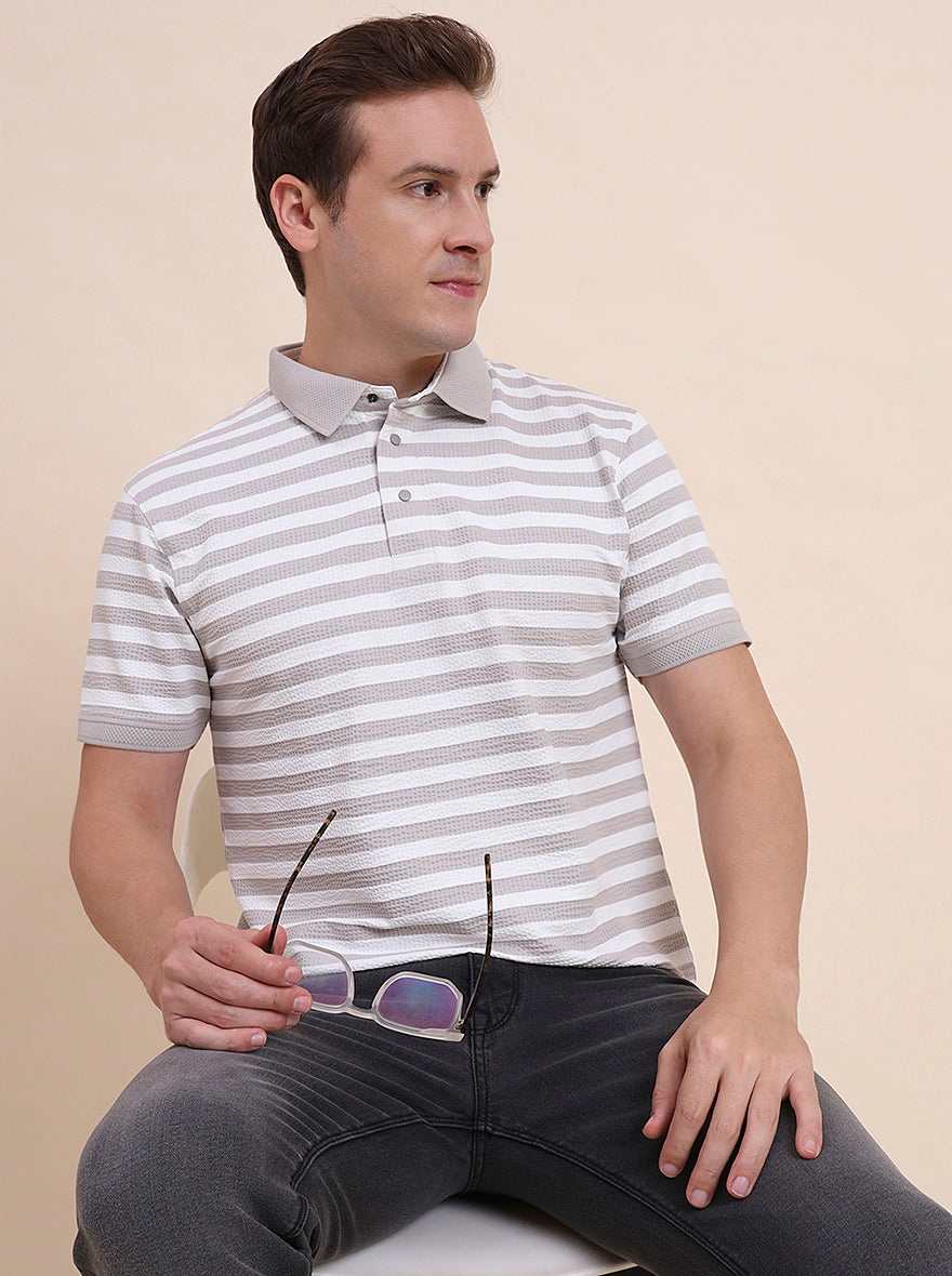 Beige & White Striped Slim Fit Polo T-Shirt | JadeBlue