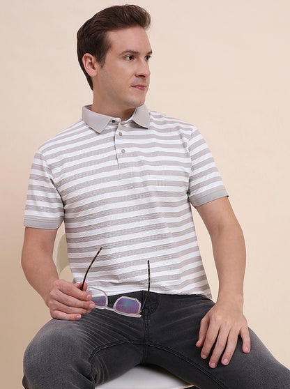 Beige & White Striped Slim Fit Polo T-Shirt | JadeBlue