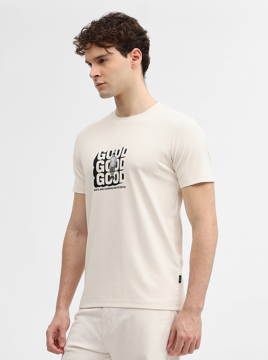 Off White Printed Slim Fit T-Shirt | JadeBlue