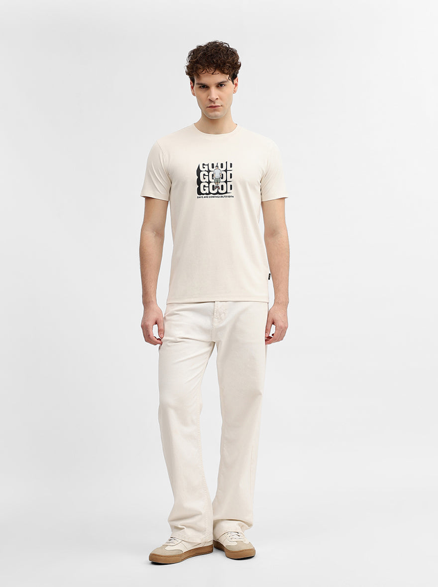 Off White Printed Slim Fit T-Shirt | JadeBlue