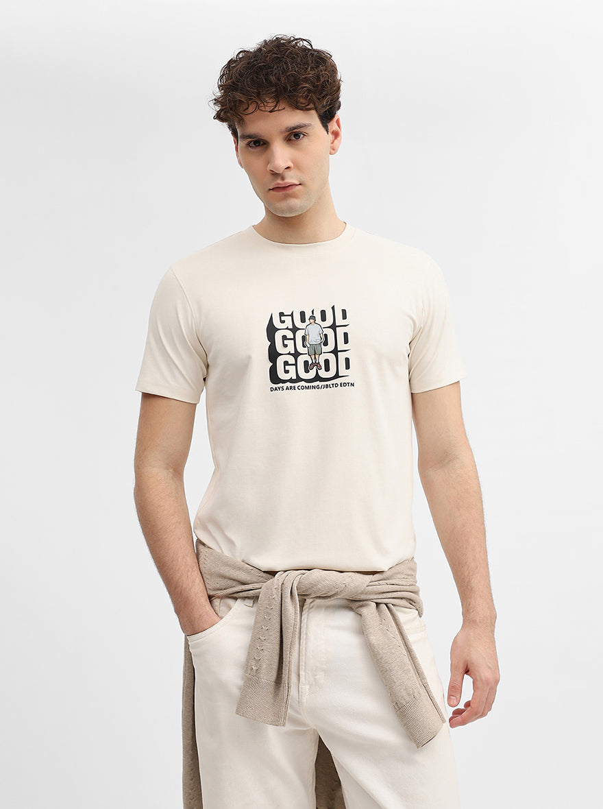 Off White Printed Slim Fit T-Shirt | JadeBlue