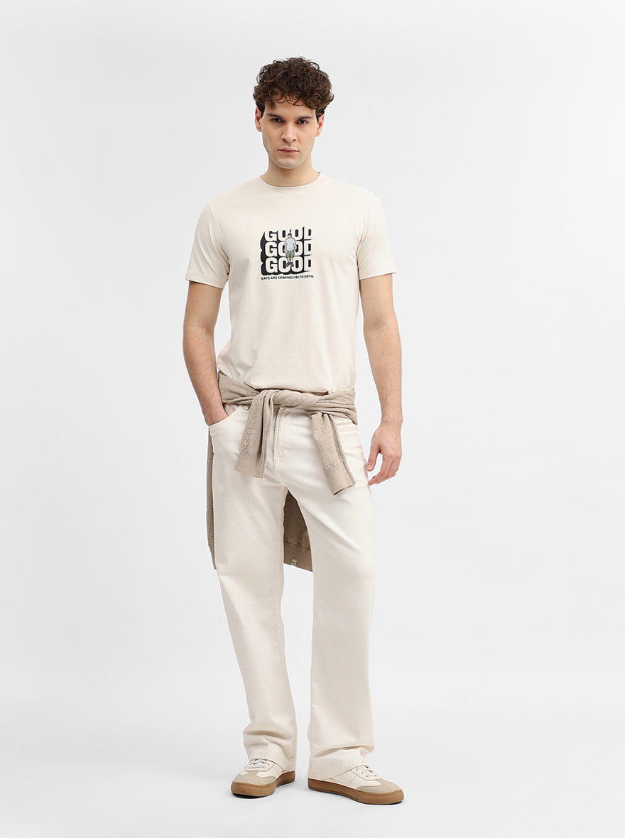 Off White Printed Slim Fit T-Shirt | JadeBlue