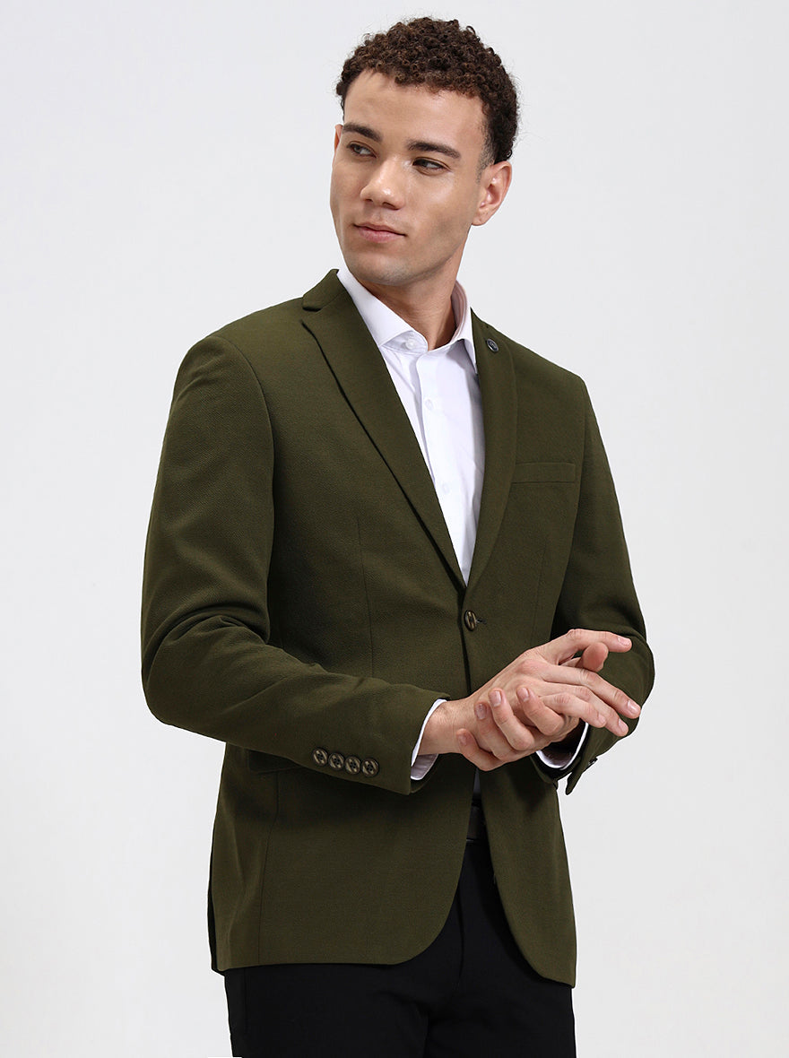 Olive Green Solid Regular Fit Blazer | JB Studio