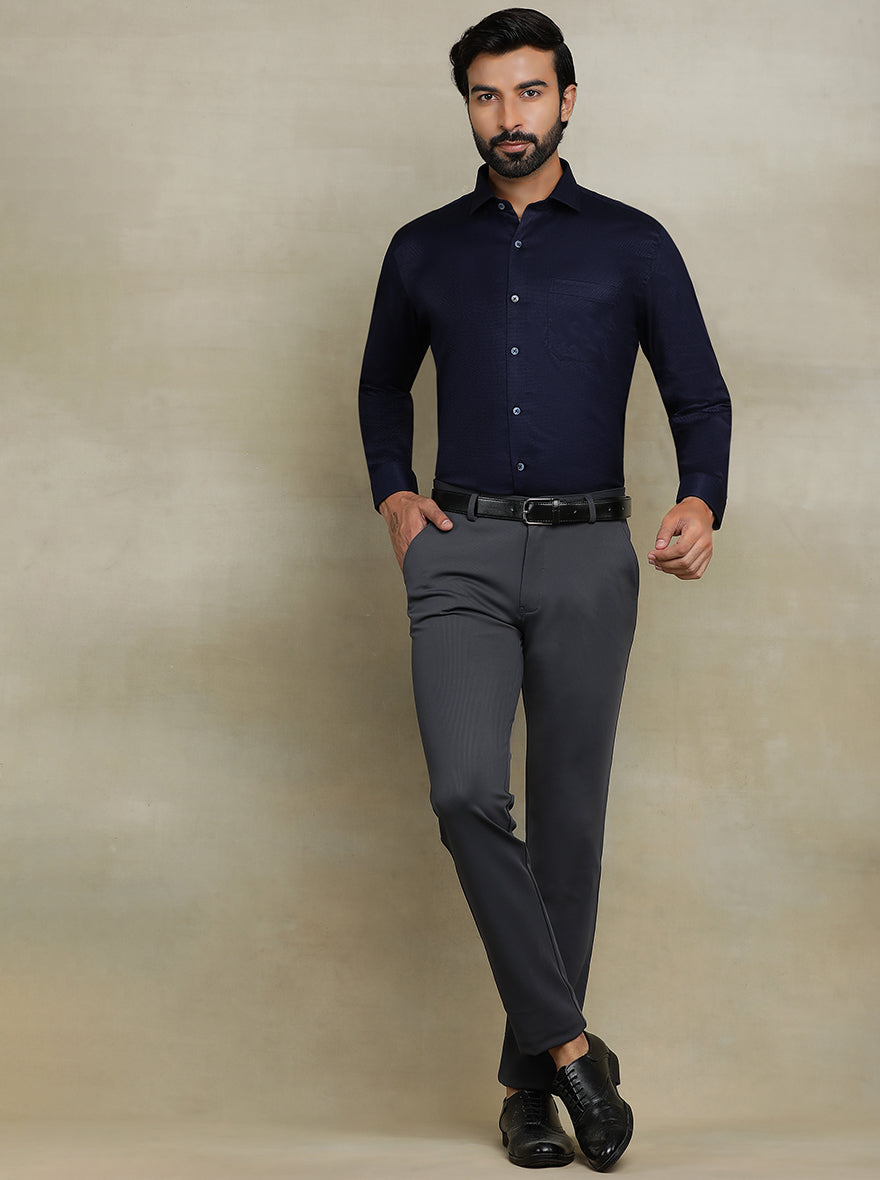 Navy Blue Dobby Regular Fit Formal Shirt | JadeBlue