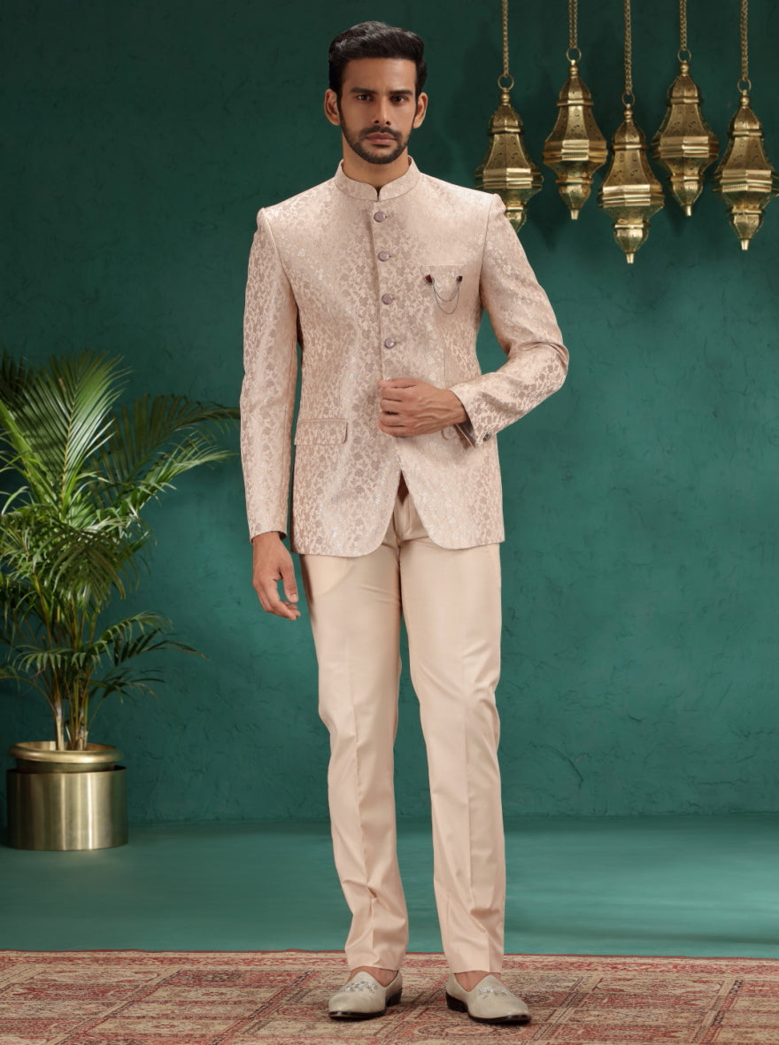Golden Peach Self Design Jodhpuri Suit | JadeBlue
