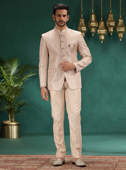 Golden Peach Self Design Jodhpuri Suit | JadeBlue