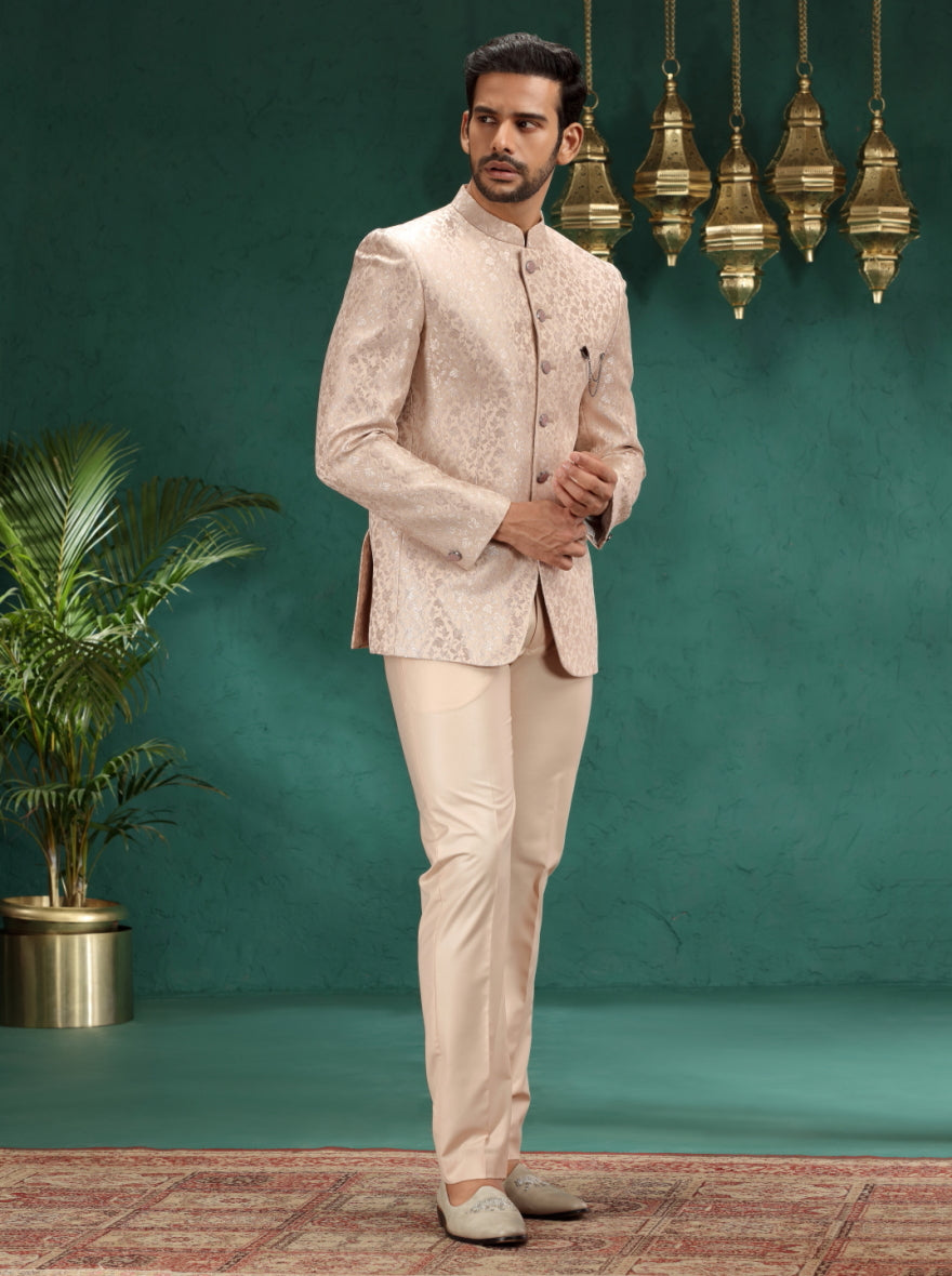Golden Peach Self Design Jodhpuri Suit | JadeBlue